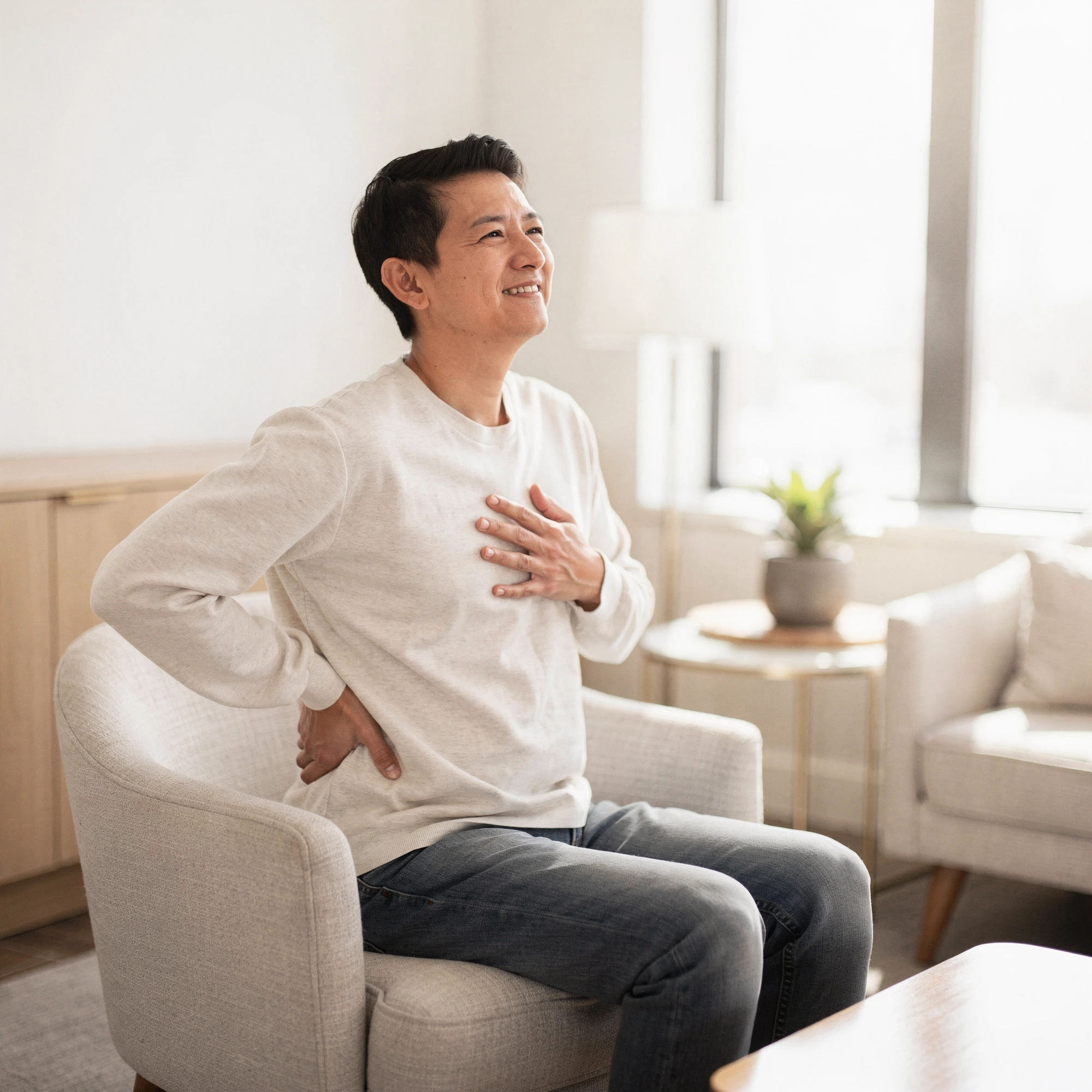 Man sitting on a chair holding his lower back and chest, experiencing pain